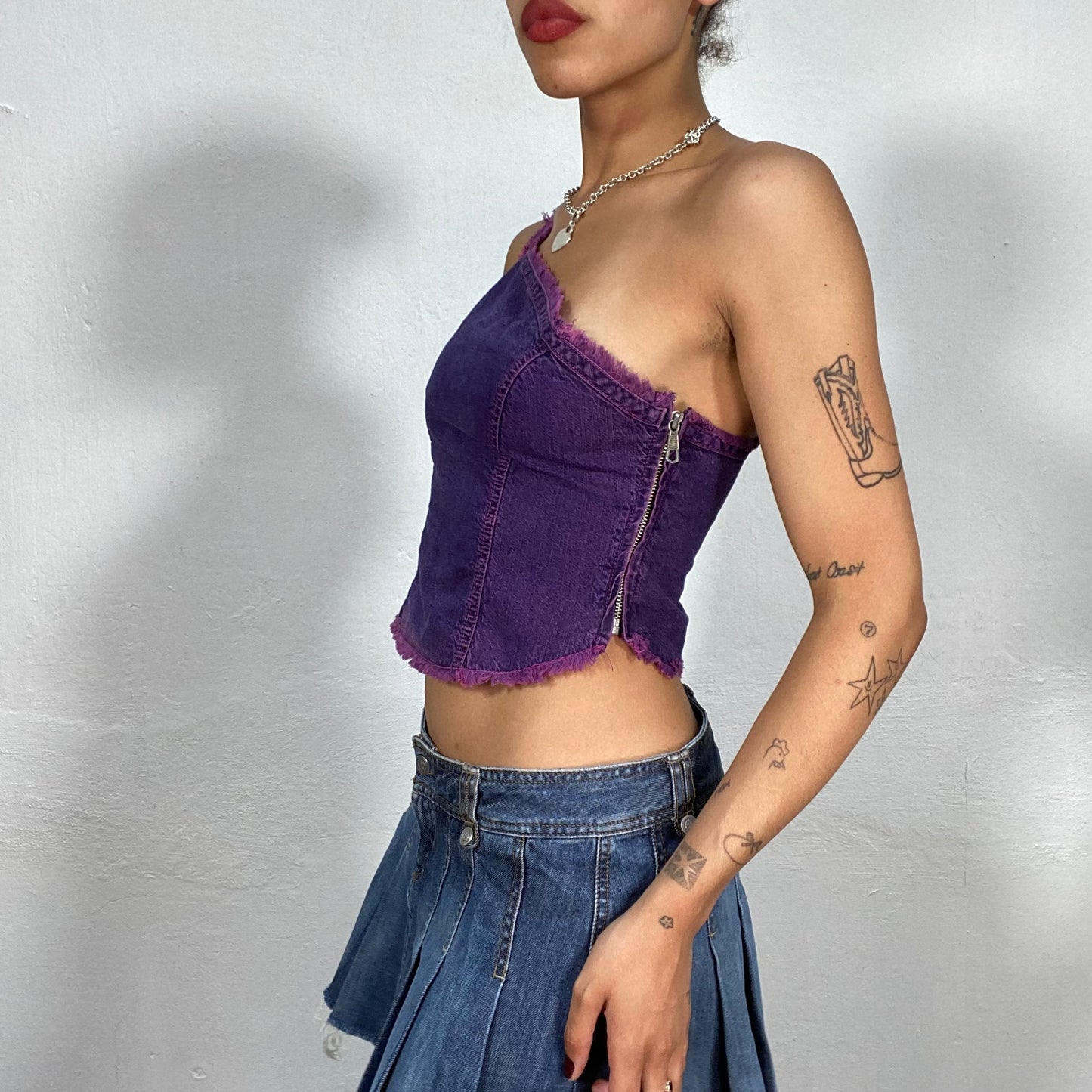 Vintage 2000's Streetwear Purple Washed Out Denim One Shoulder Top (S/M)