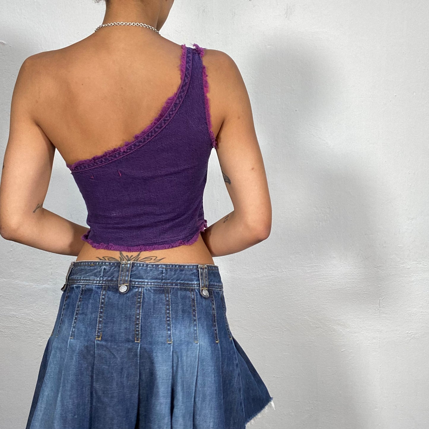 Vintage 2000's Streetwear Purple Washed Out Denim One Shoulder Top (S/M)