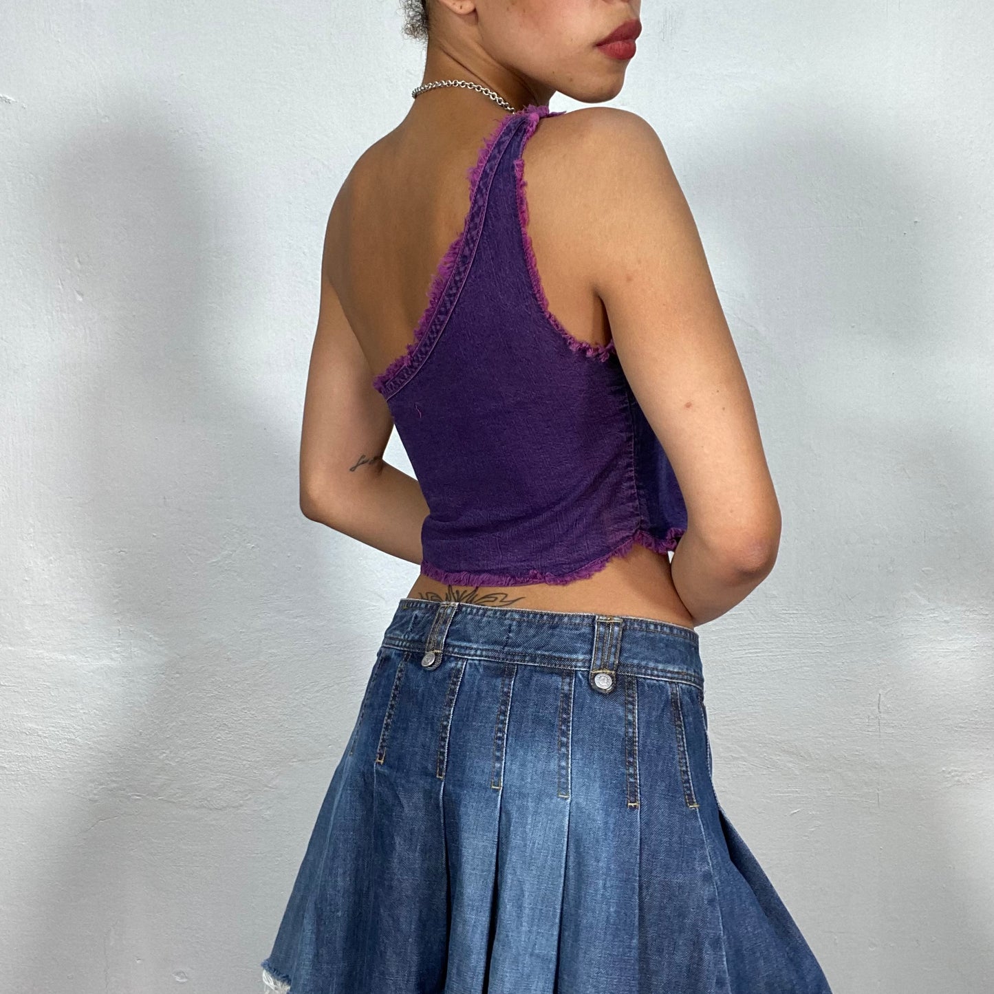 Vintage 2000's Streetwear Purple Washed Out Denim One Shoulder Top (S/M)