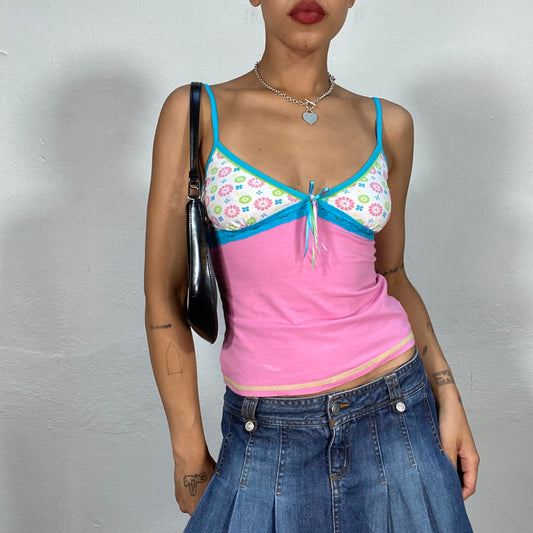 Vintage 2000's Soft Girl Pink Cami Top with Floral Print Blue Bow Detail (S)