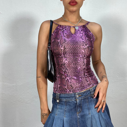 Vintage 90's Nightclub Glittery Purple Cutout Top with Snake Print (S)