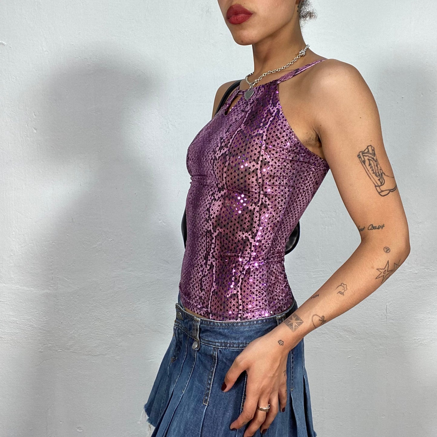 Vintage 90's Nightclub Glittery Purple Cutout Top with Snake Print (S)