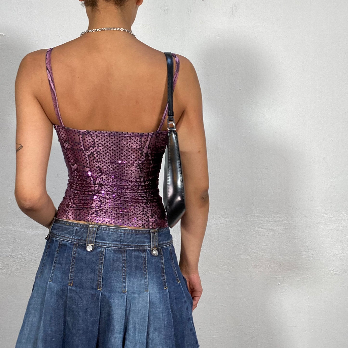 Vintage 90's Nightclub Glittery Purple Cutout Top with Snake Print (S)