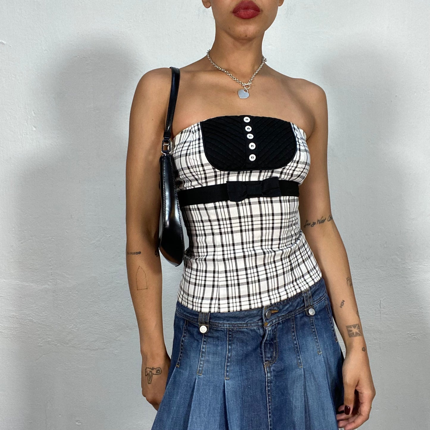 Vintage 90's Coquette Checkered Button Up Tube Top with Black Bow Detail (XS)