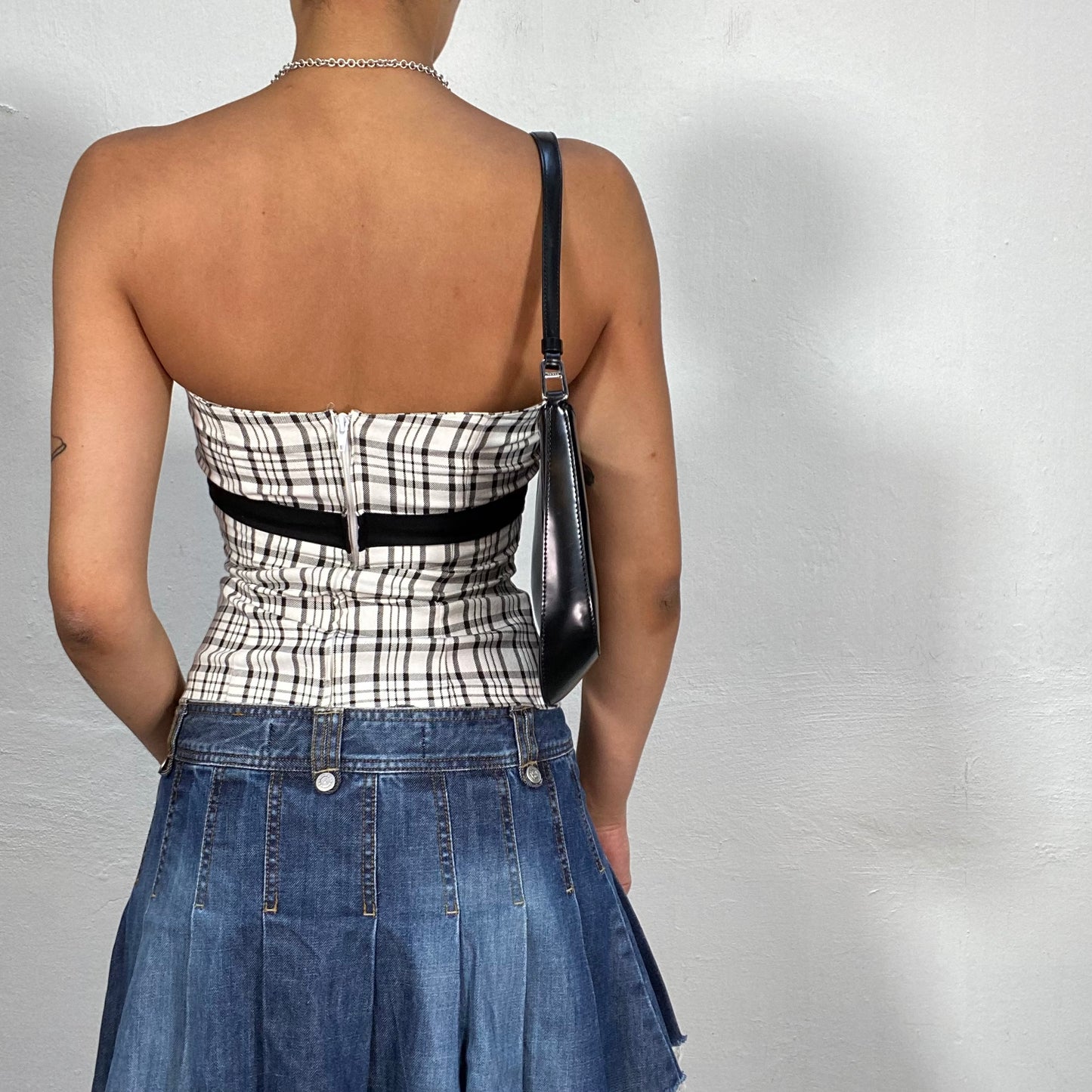 Vintage 90's Coquette Checkered Button Up Tube Top with Black Bow Detail (XS)