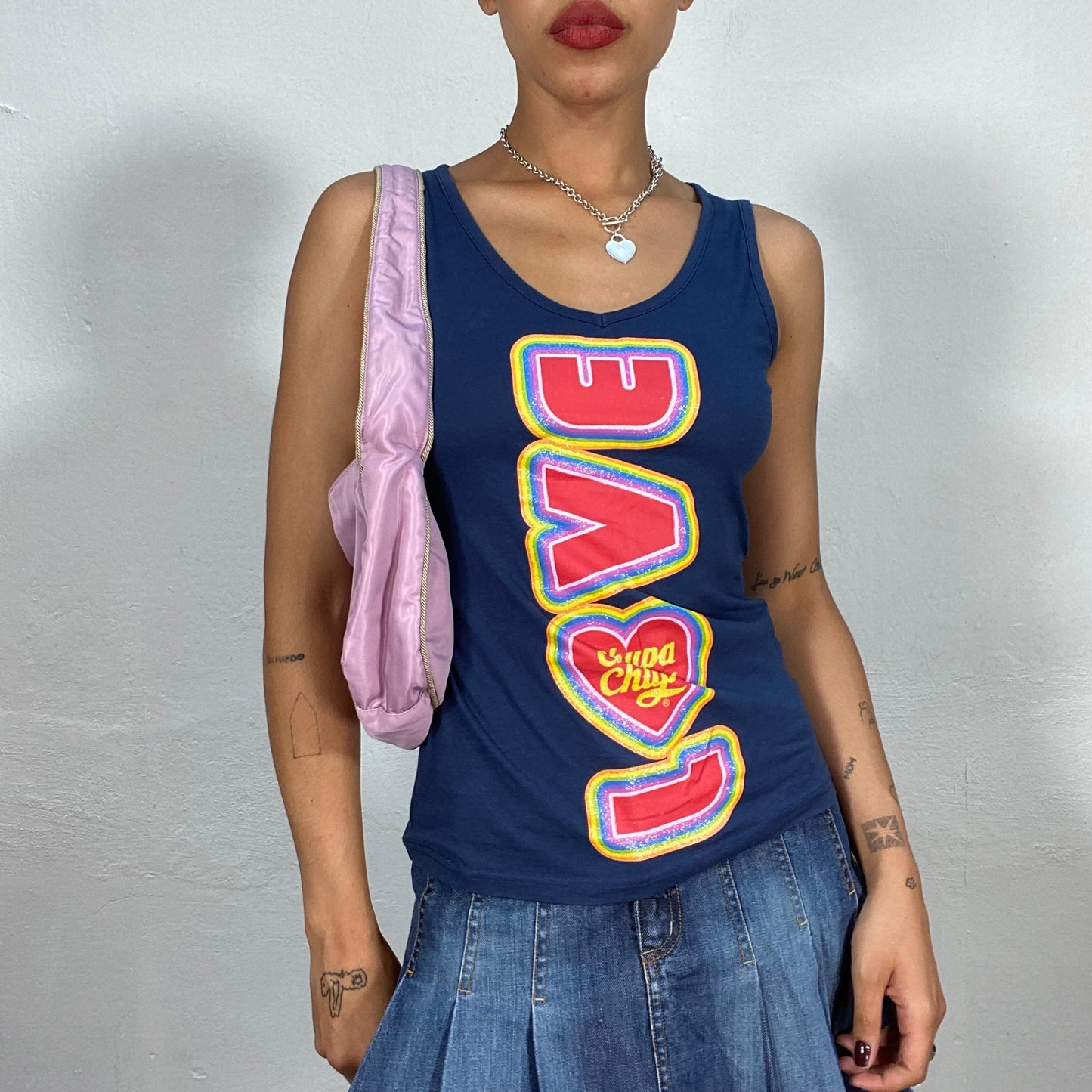 Vintage 2000's Iconic Chupa Chups Funky Navy Blue Tank Top with "Love" Print (XS)