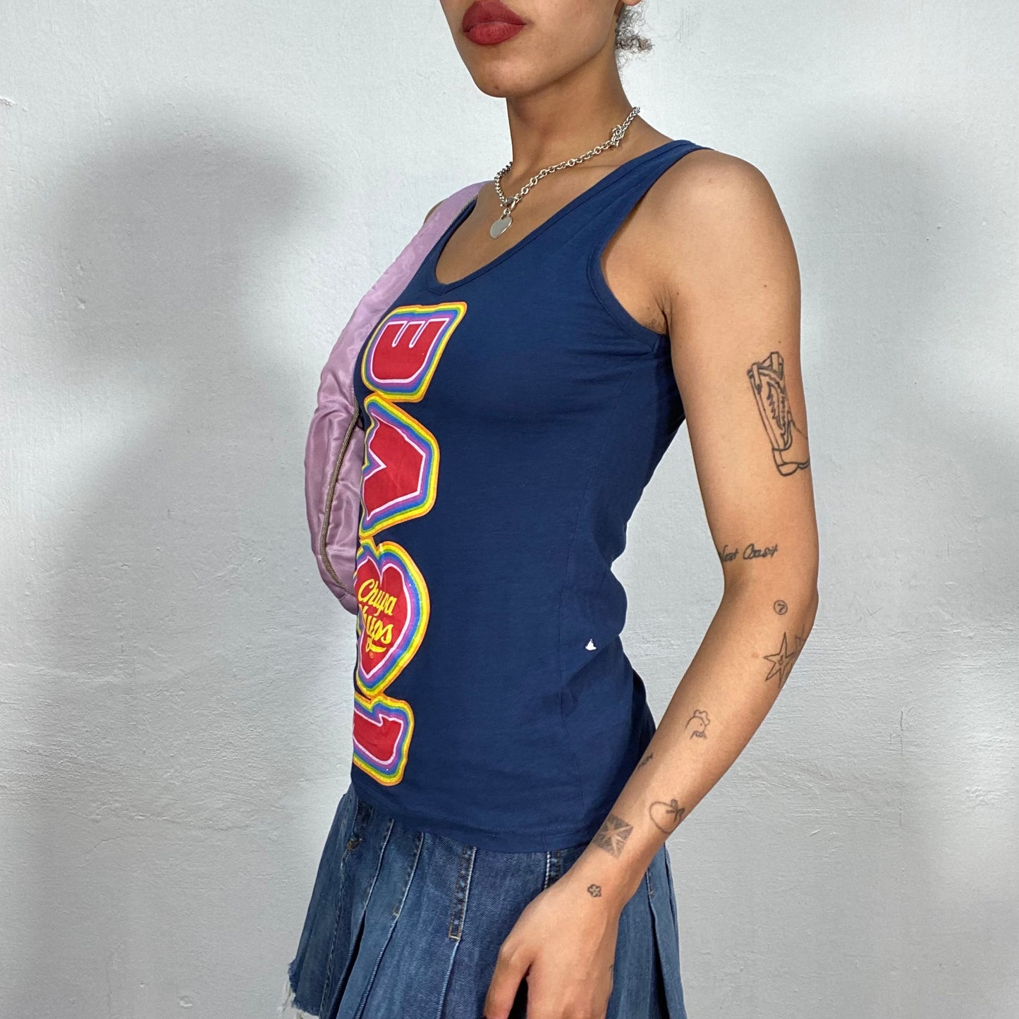 Vintage 2000's Iconic Chupa Chups Funky Navy Blue Tank Top with "Love" Print (XS)