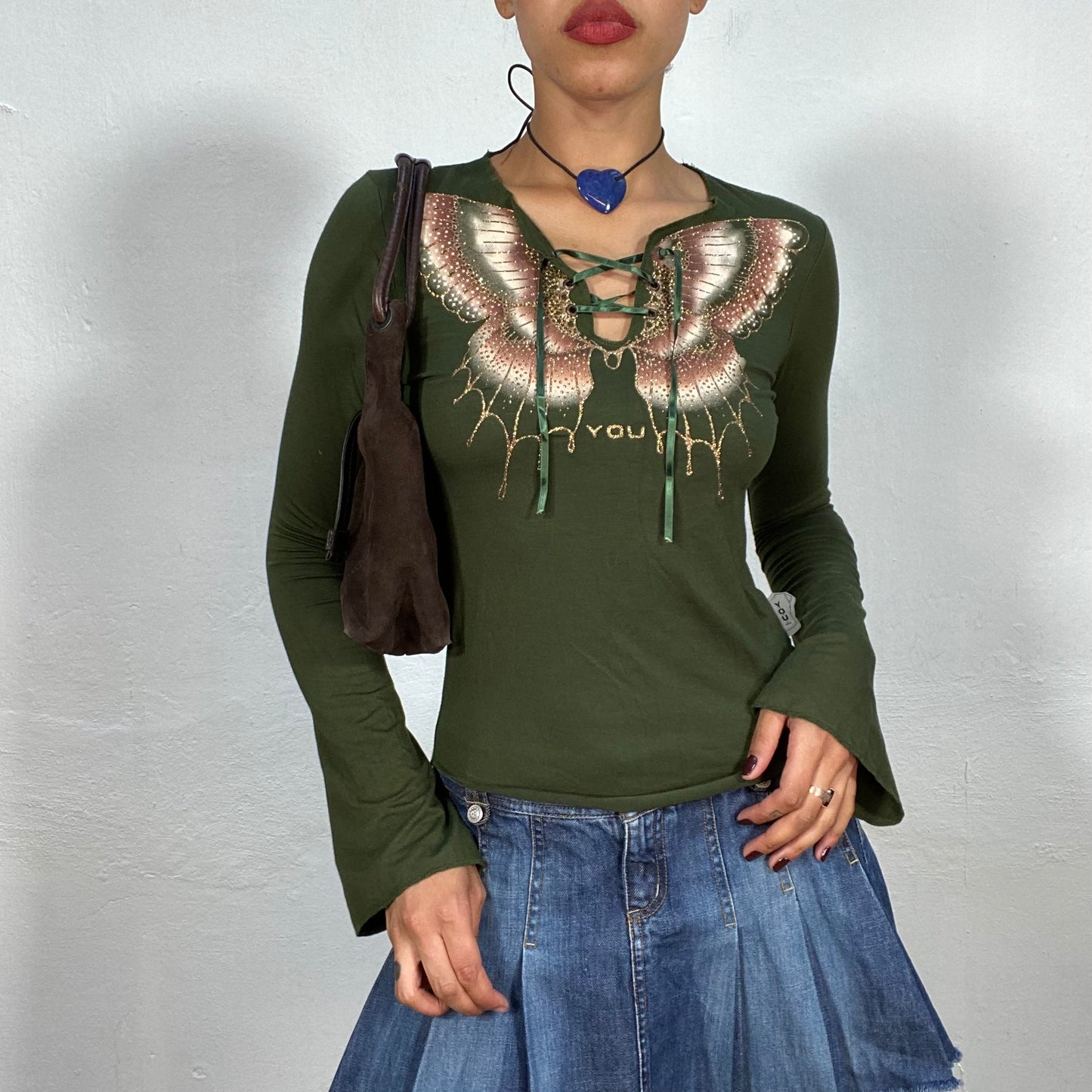 Vintage 90's Whimsigoth Green Lonngsleeve Top with Butterfly Print and Lace Up Detail (M)