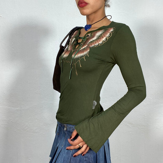 Vintage 90's Whimsigoth Green Lonngsleeve Top with Butterfly Print and Lace Up Detail (M)