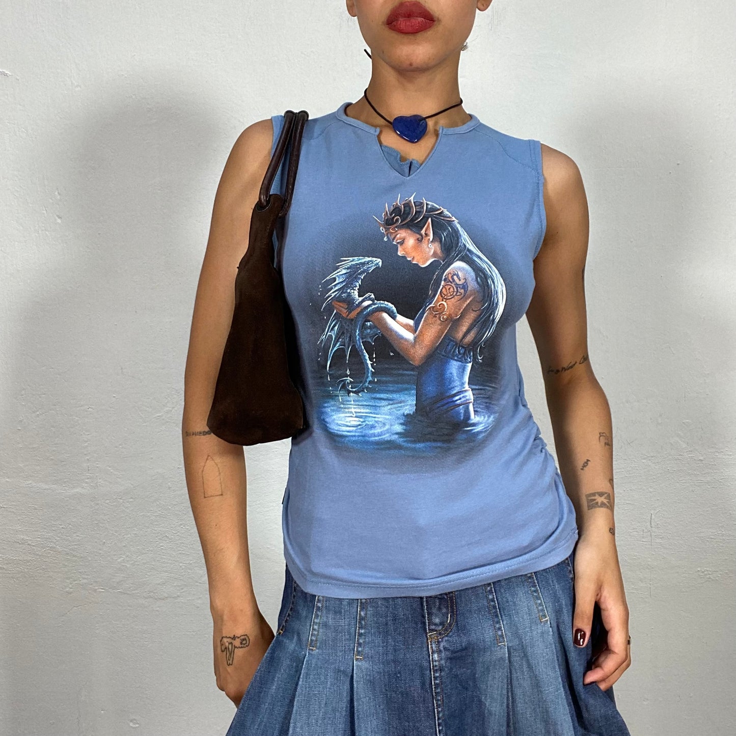 Vintage 90's Gothic Blue Tank Top with Water Nymph and Dragon Print (M)