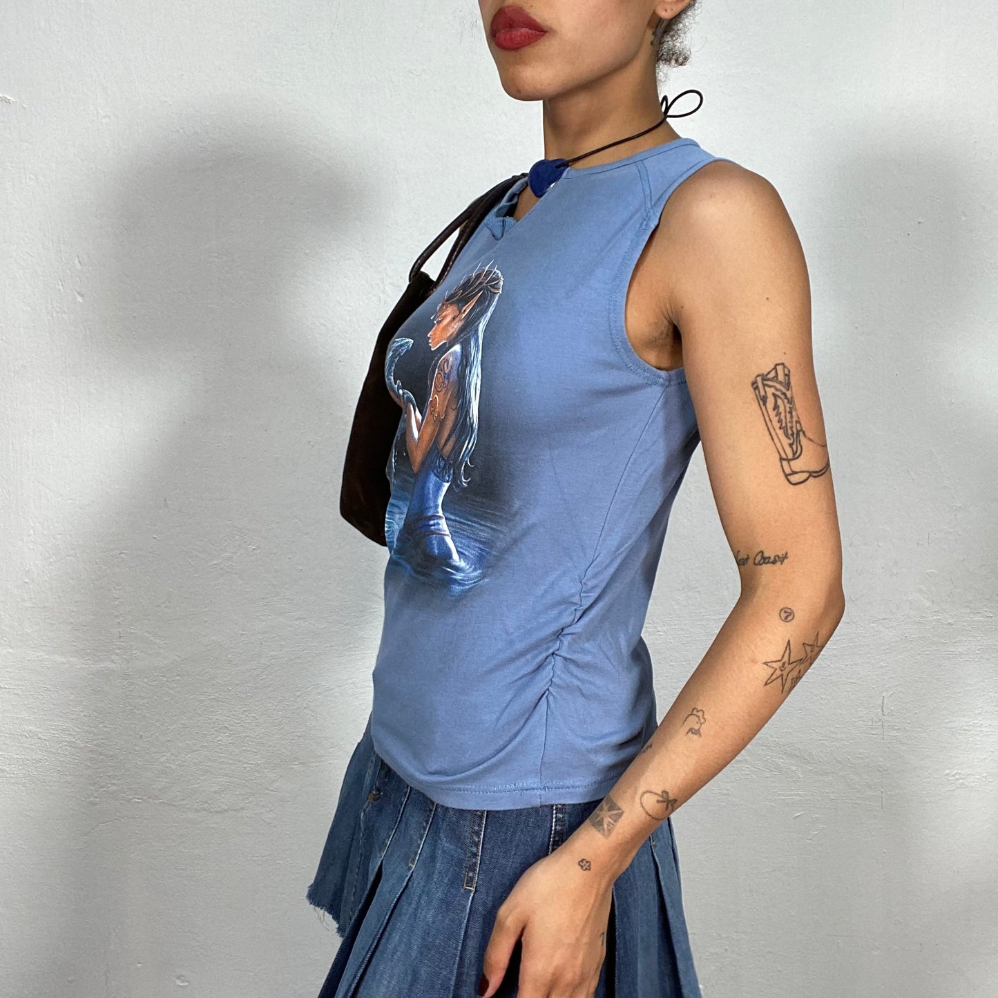 Vintage 90's Gothic Blue Tank Top with Water Nymph and Dragon Print (M)