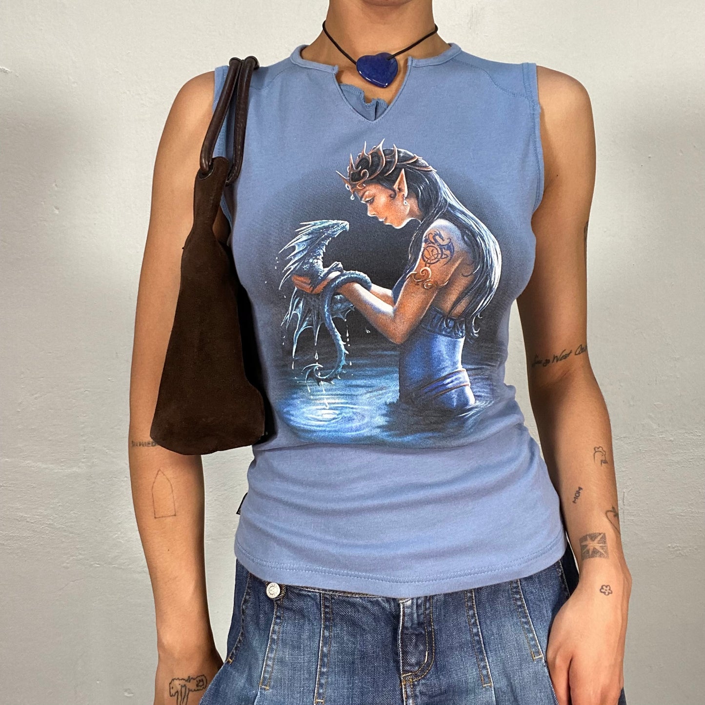 Vintage 90's Gothic Blue Tank Top with Water Nymph and Dragon Print (M)