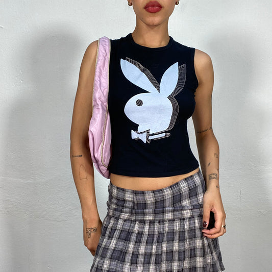 Vintage 2000's Playboy Dowtown Girl Black Tank Top with White Logo Print and Shadow Effect (S)