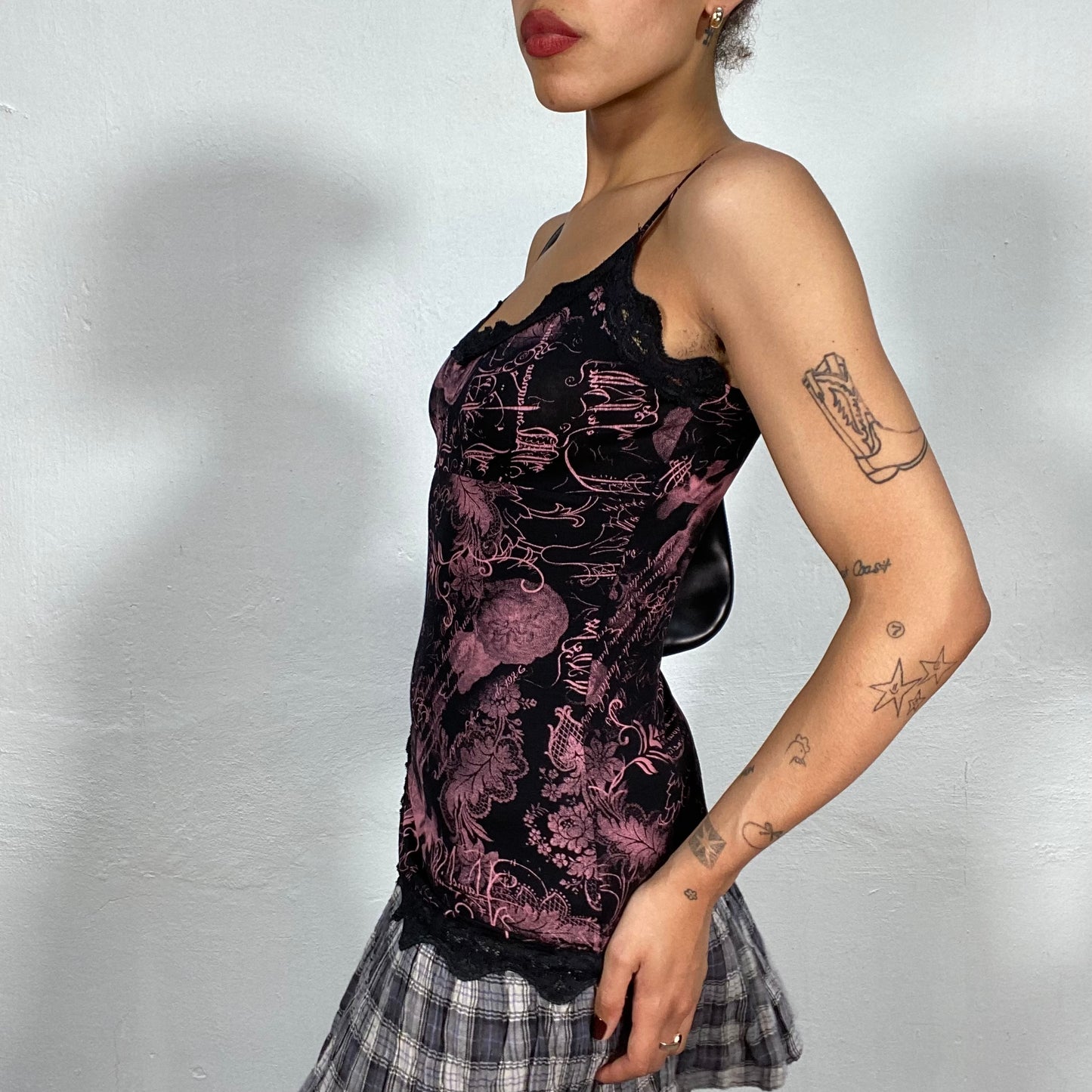 Vintage 2000's Ballet Black Top with Pink Writing Print and Lace Detail (S)