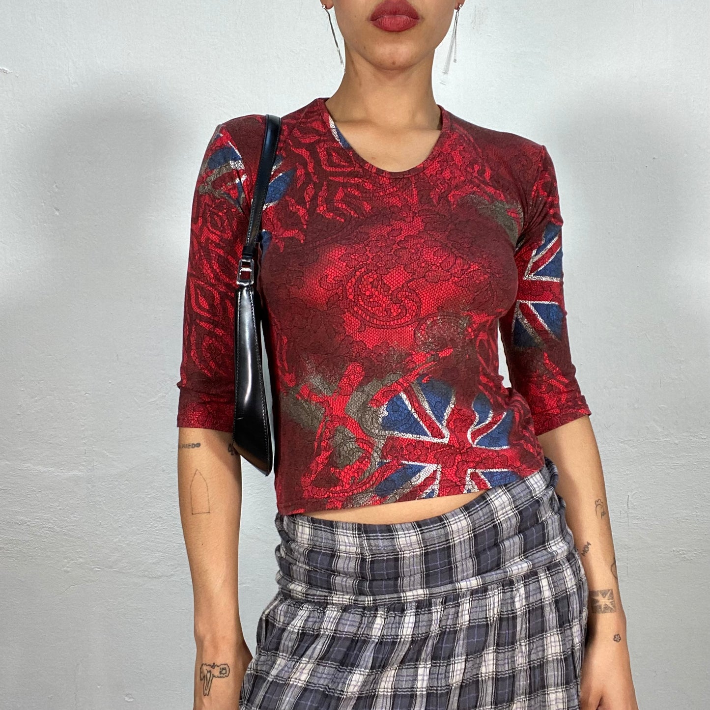 Vintage 90's Sleaze Red Longsleeve Top with UK Flag Print (S/M)