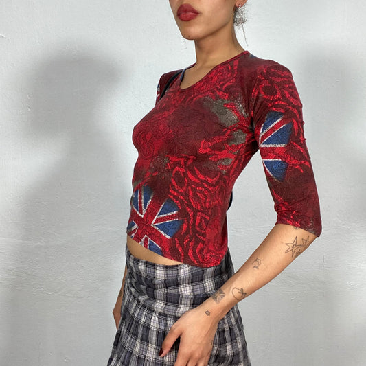 Vintage 90's Sleaze Red Longsleeve Top with UK Flag Print (S/M)