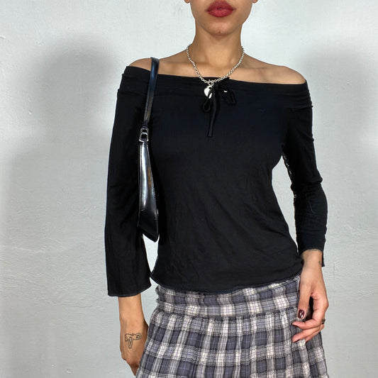 Vintage 2000's Downtown Girl Black Off Shoulder Longsleeve Top with Studs and Ribbon Detail (M)