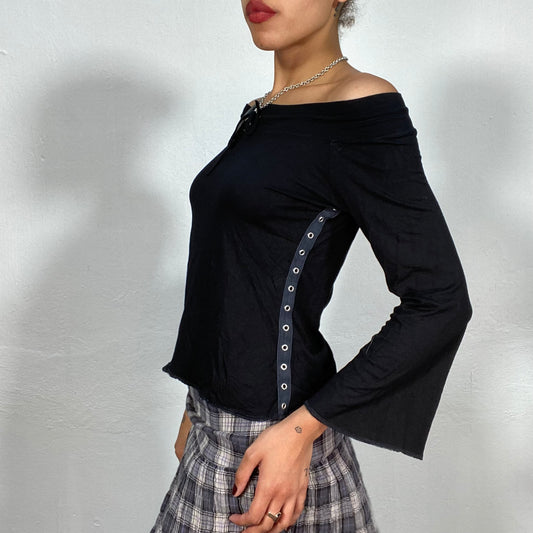 Vintage 2000's Downtown Girl Black Off Shoulder Longsleeve Top with Studs and Ribbon Detail (M)