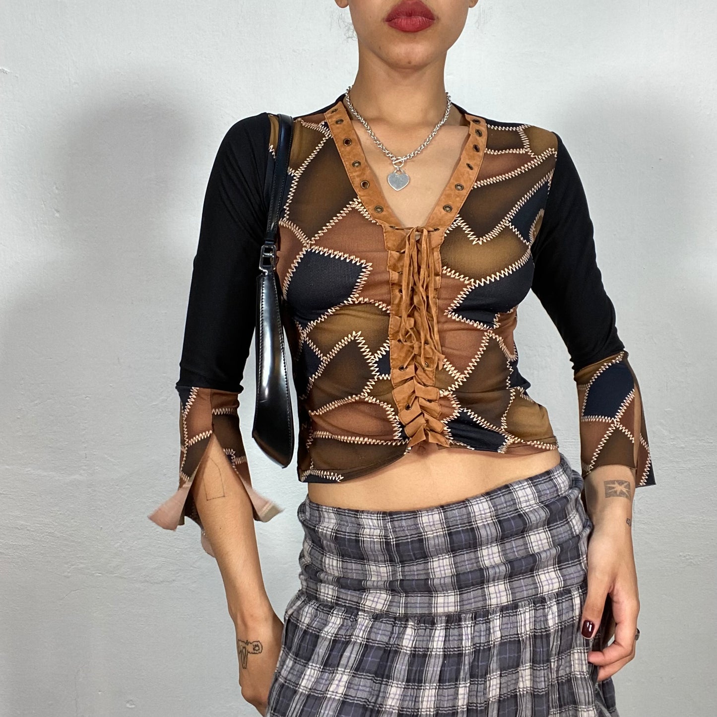 Vintage 2000's Cowboy Brown V-Neck Longsleeve Top with Patchwork Print and Faux Leather Lace Up Detail (M)