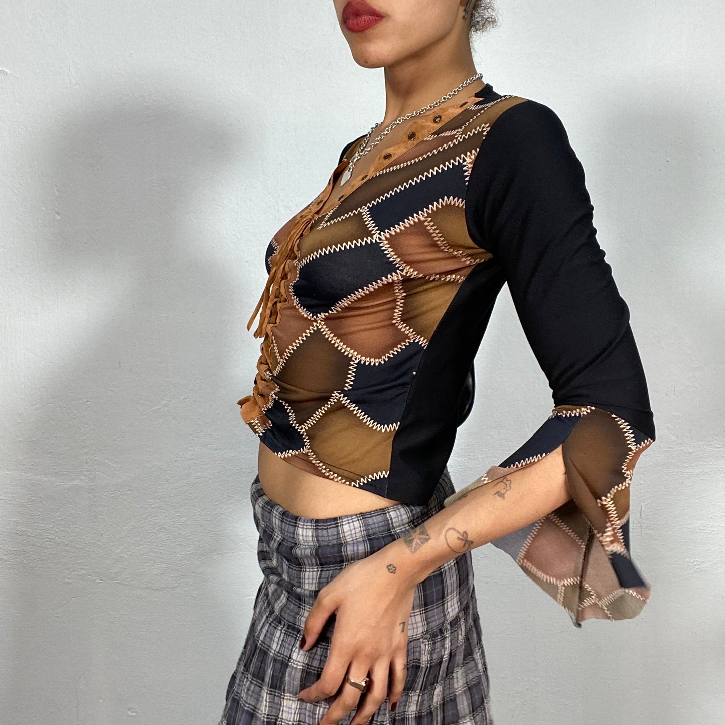 Vintage 2000's Cowboy Brown V-Neck Longsleeve Top with Patchwork Print and Faux Leather Lace Up Detail (M)