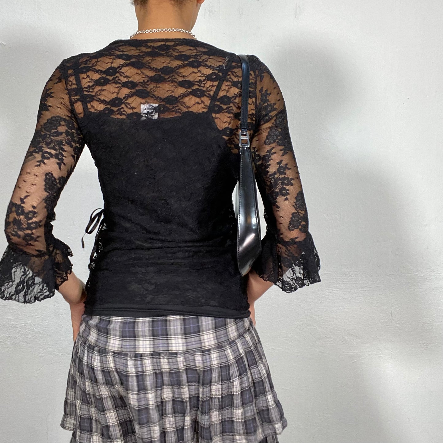 Vintage 2000's Whimsgoth Black Lace Longsleeve Top with Ruffle Detail (S)