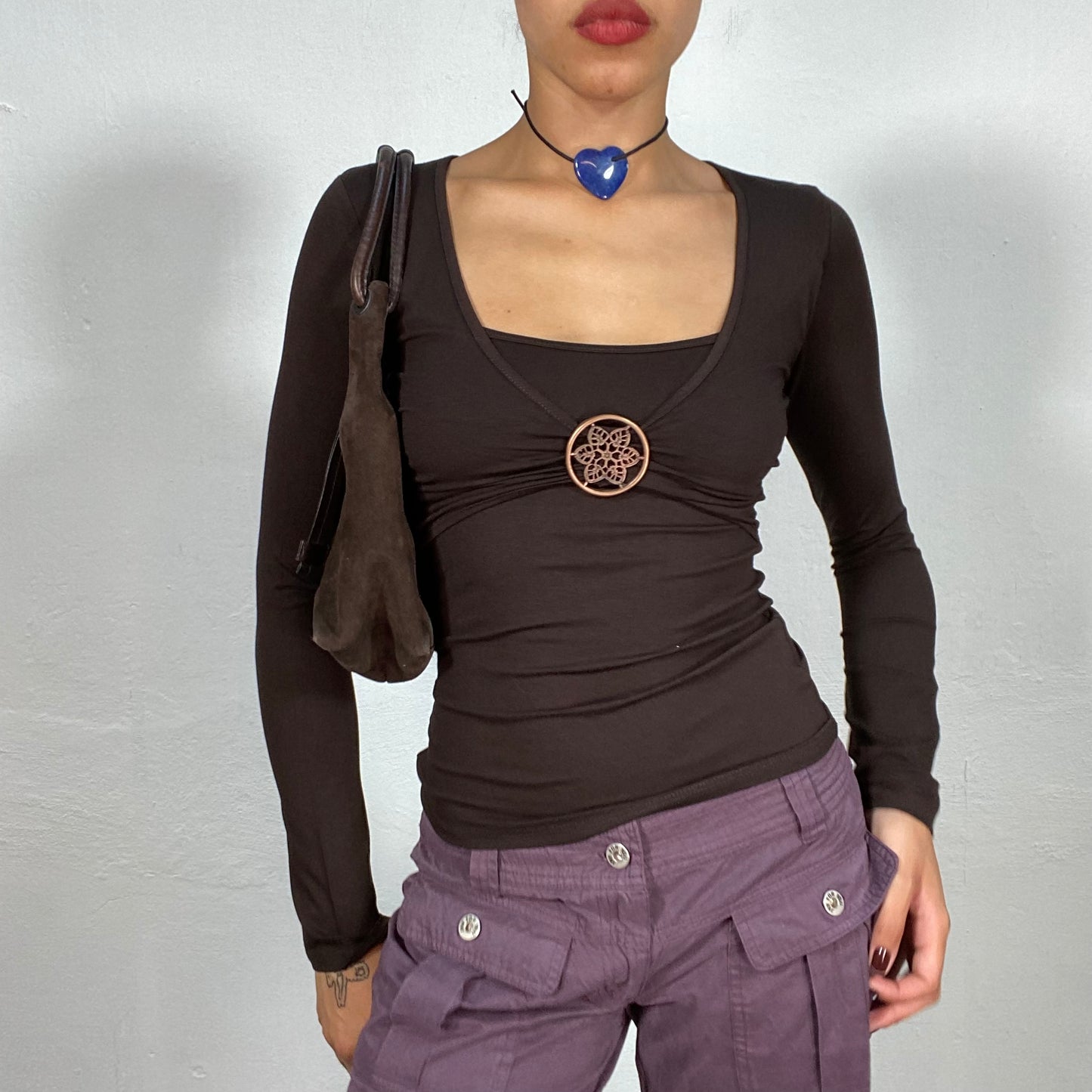 Vintage 90's Model Off Duty Brown Longsleeve Top with Double Layer Effect and Bronze Flower Charm Detail (S)