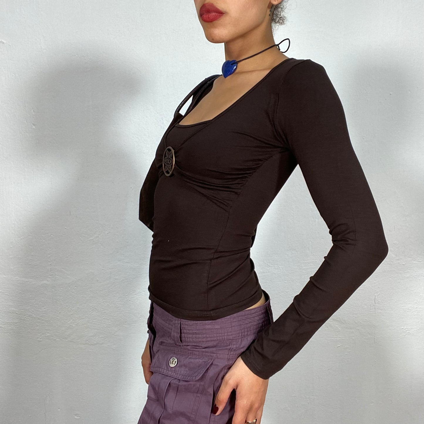 Vintage 90's Model Off Duty Brown Longsleeve Top with Double Layer Effect and Bronze Flower Charm Detail (S)