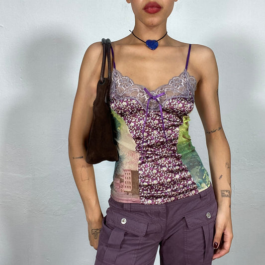 Vintage 90's Summer Lilac Cami Top with Ancient Print and Lace Neckline (XS)