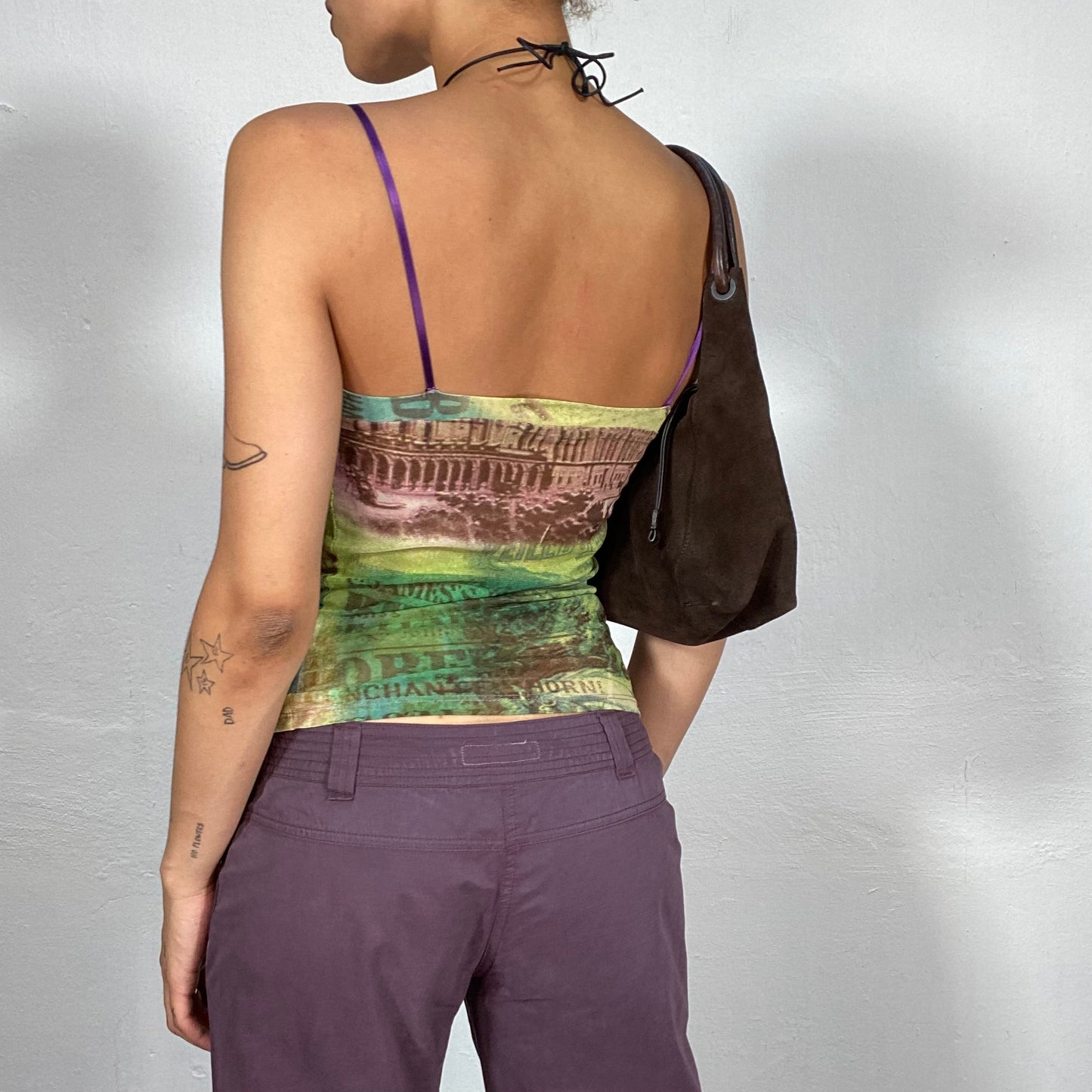 Vintage 90's Summer Lilac Cami Top with Ancient Print and Lace Neckline (XS)