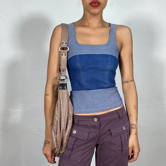 Vintage 2000's Cyber Dark and Light Denim Square Neckline Top (S)