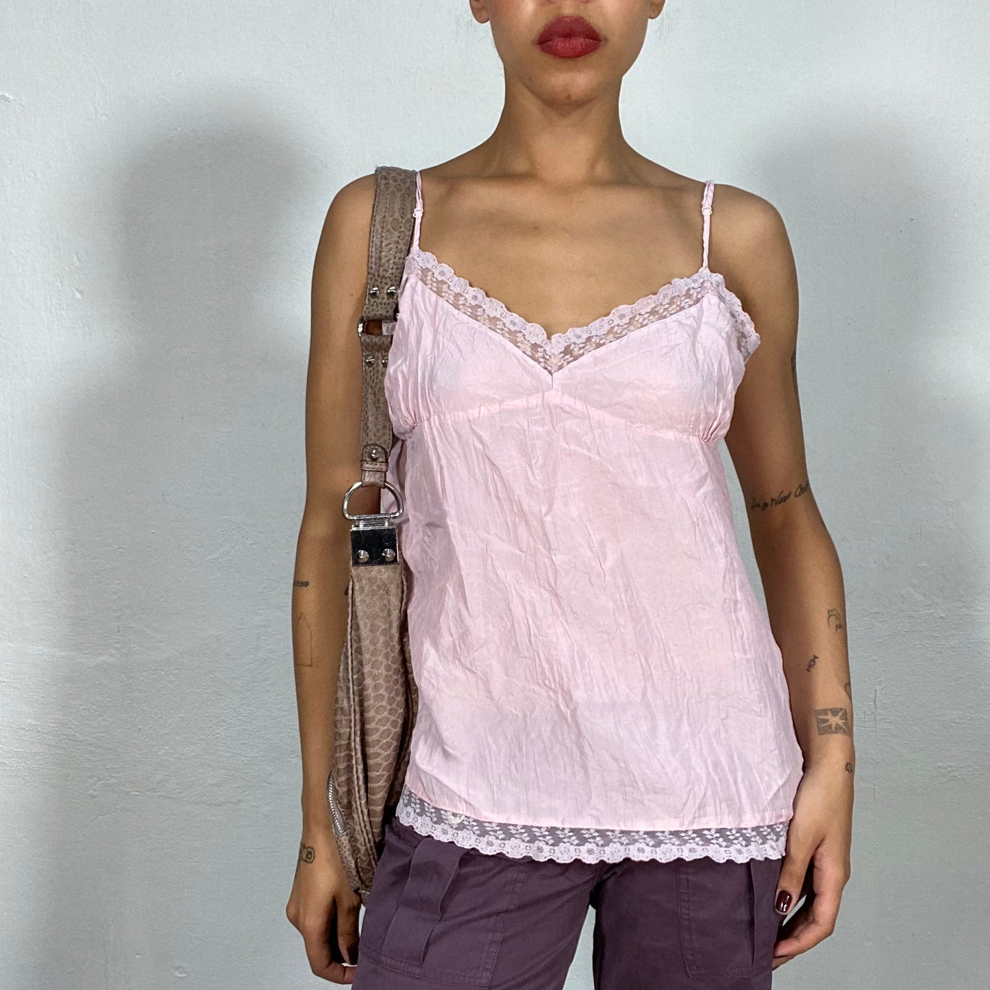 Vintage 2000's Summer Pink Blouse with Lace Trim Detail (L/XL)