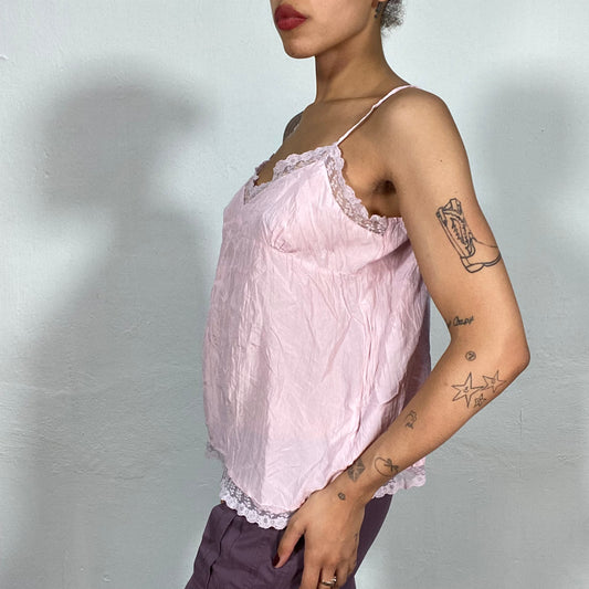 Vintage 2000's Summer Pink Blouse with Lace Trim Detail (L/XL)