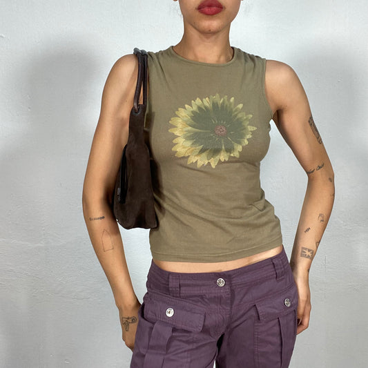 Vintage 90's Classic Brown Top with Flower Print in the Chest (S)