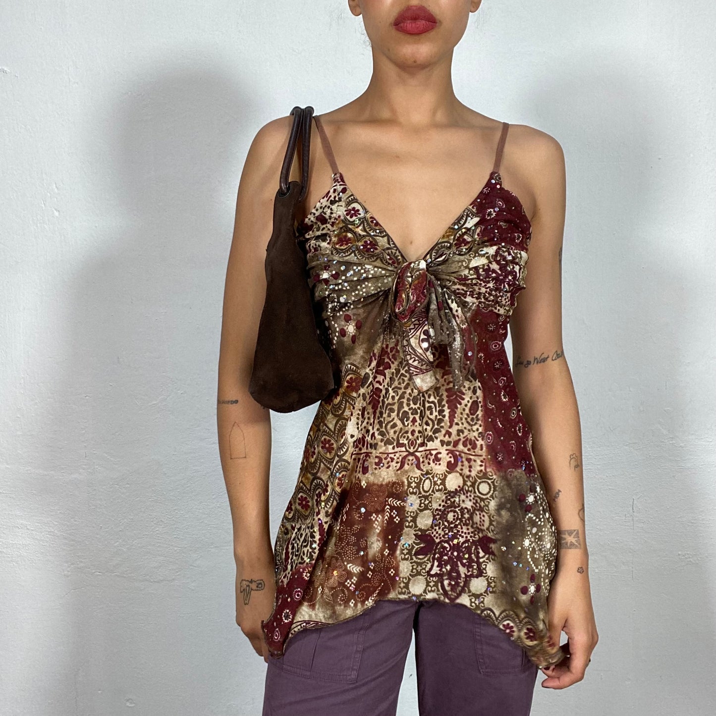 Vintage 2000's Indie Brown Cami Flowy Top with Ornament and Glitter Print (M)