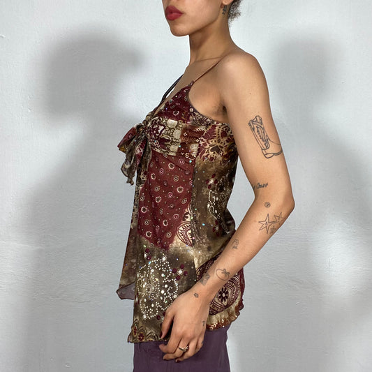 Vintage 2000's Indie Brown Cami Flowy Top with Ornament and Glitter Print (M)