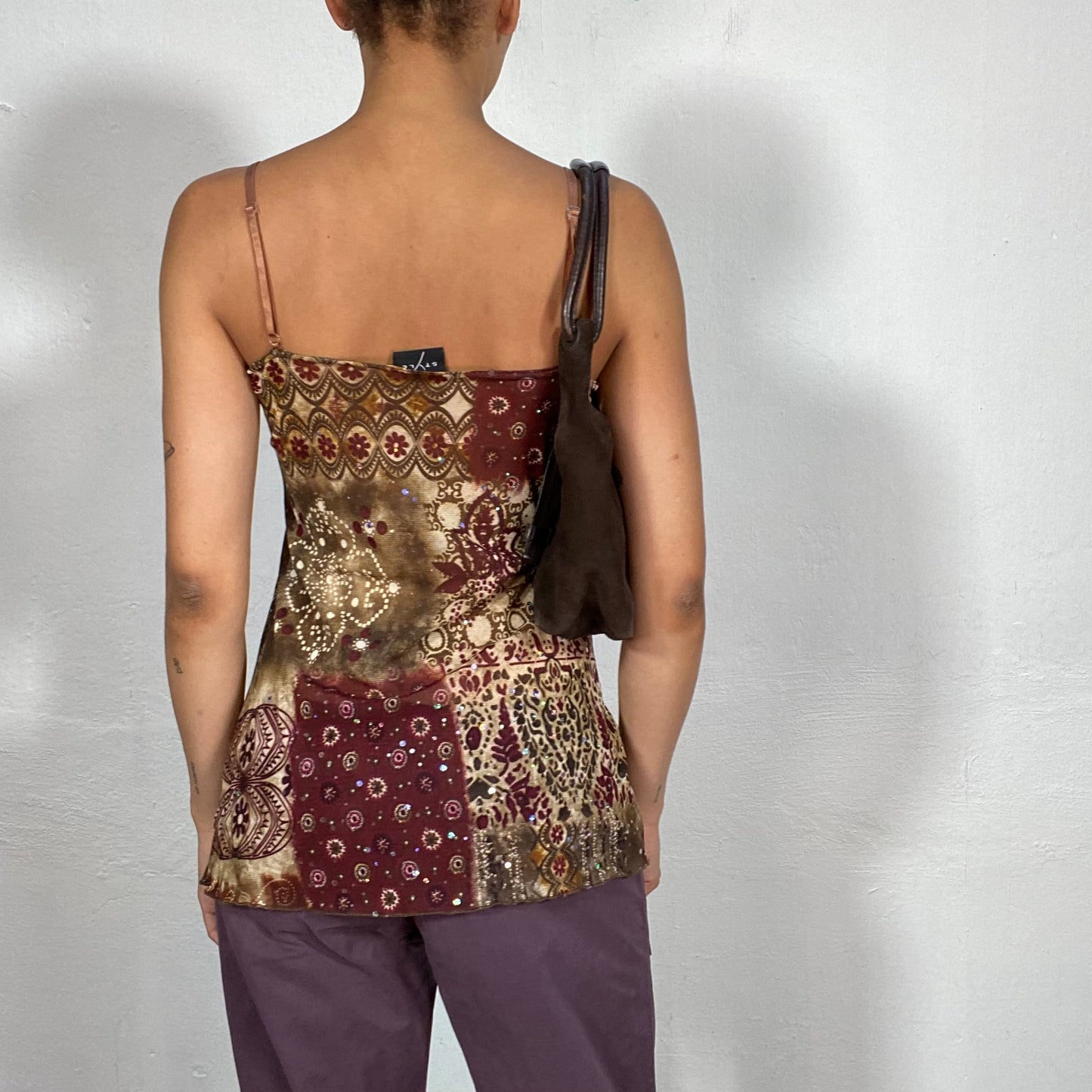 Vintage 2000's Indie Brown Cami Flowy Top with Ornament and Glitter Print (M)