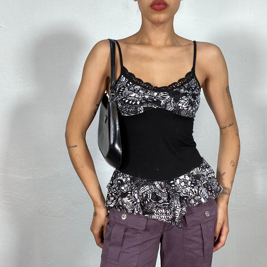 Vintage 2000's Summer Black Top with Floral Print Parts and Corset Effect (S)