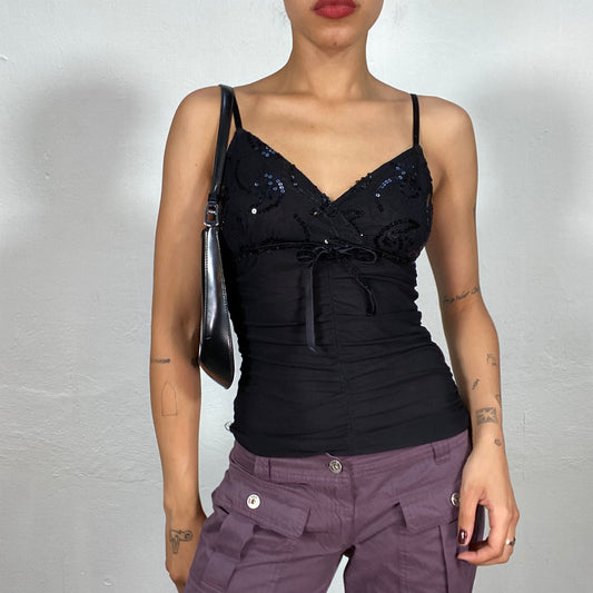 Vintage 2000's Ballet Black Cami Top with Sequins and Bow Detail (S)