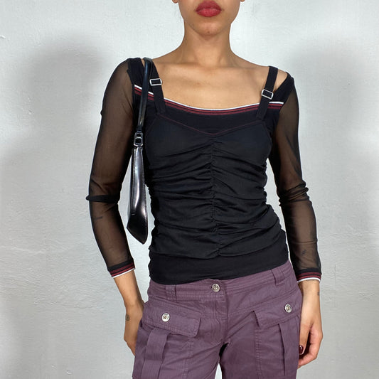 Vintage 2000's Cyber Black Scrunched Top with Mesh Sleeves (S)