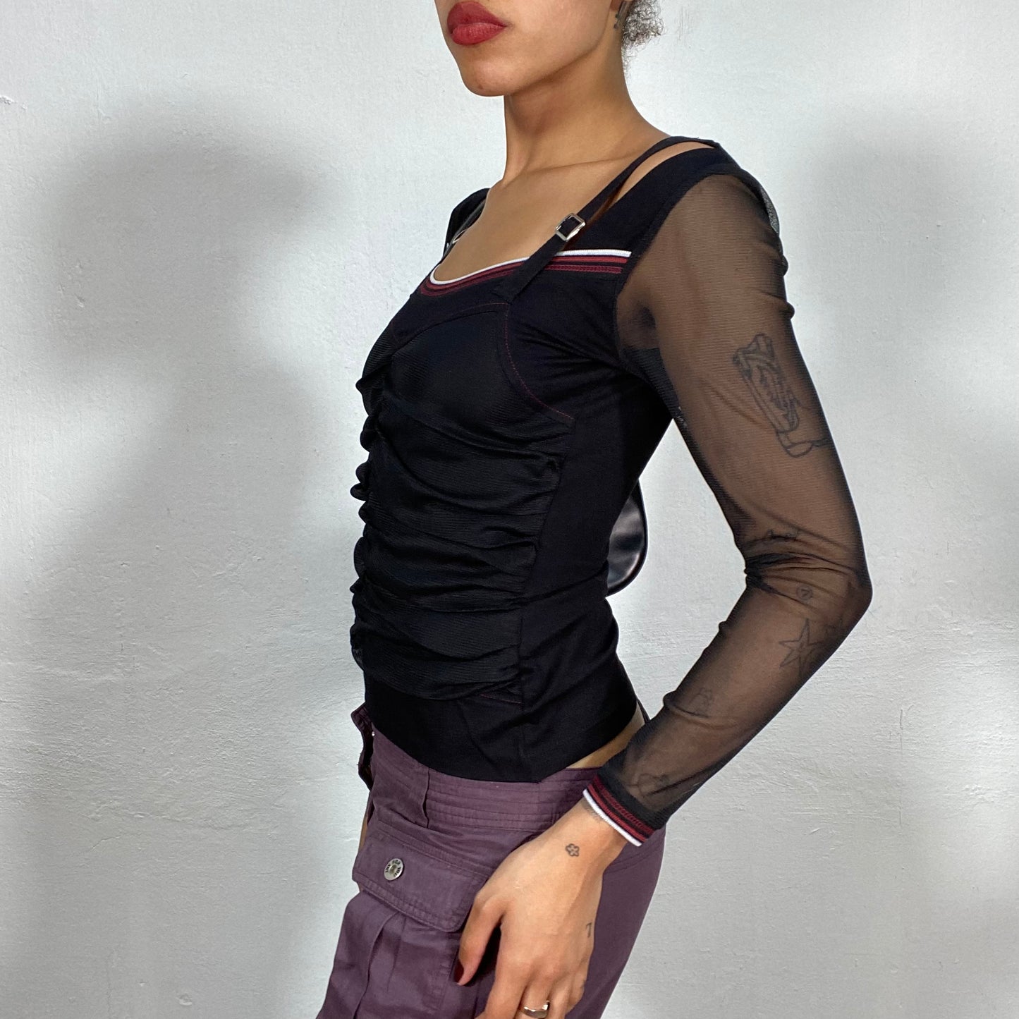 Vintage 2000's Cyber Black Scrunched Top with Mesh Sleeves (S)