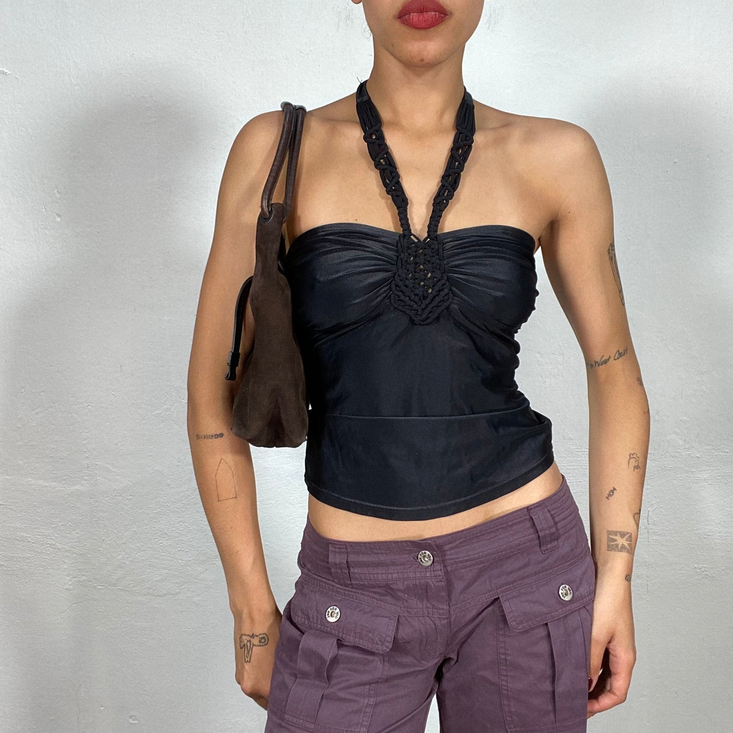 Vintage 2000's Nightclub Black Halter Top with Braided Collar Detail (S)