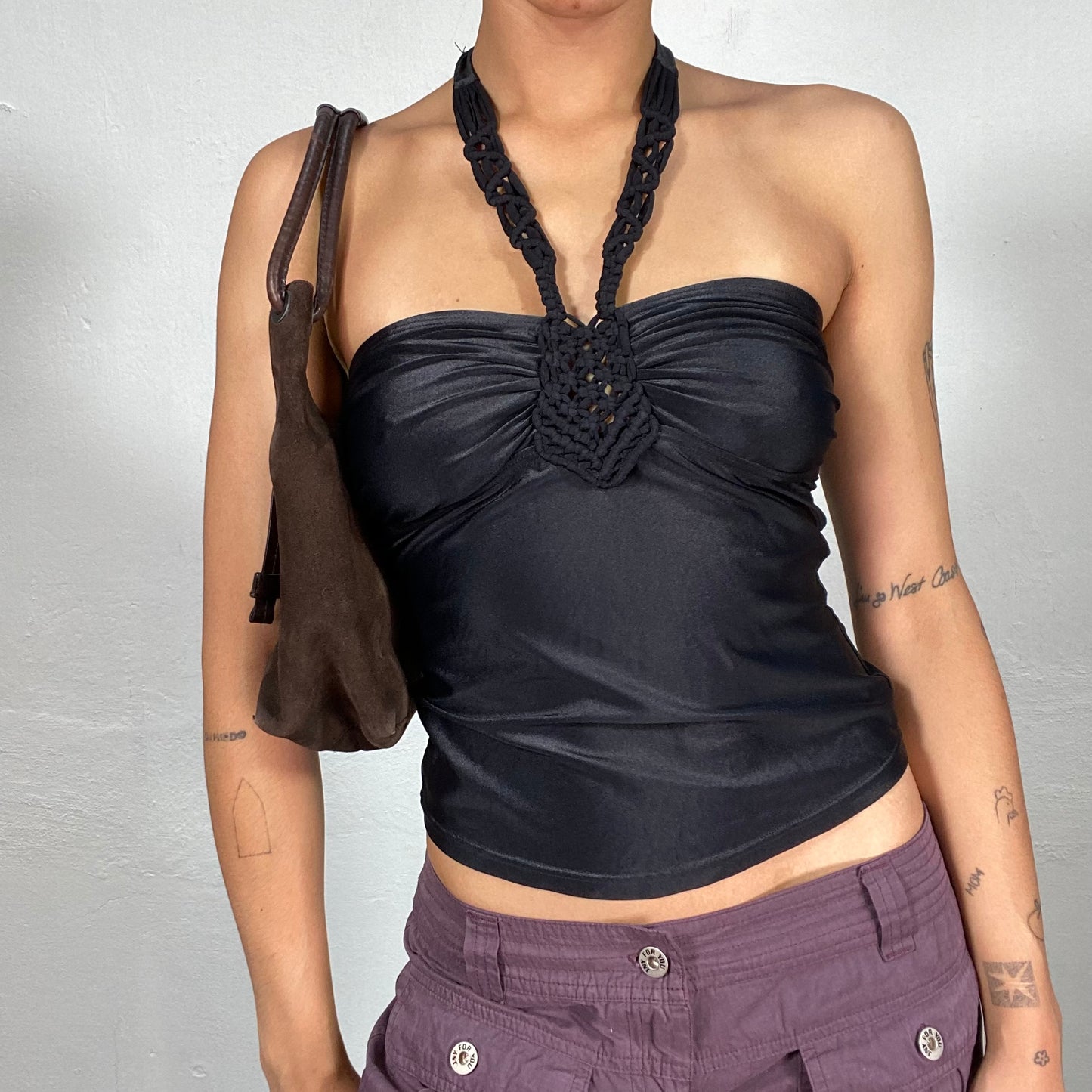 Vintage 2000's Nightclub Black Halter Top with Braided Collar Detail (S)