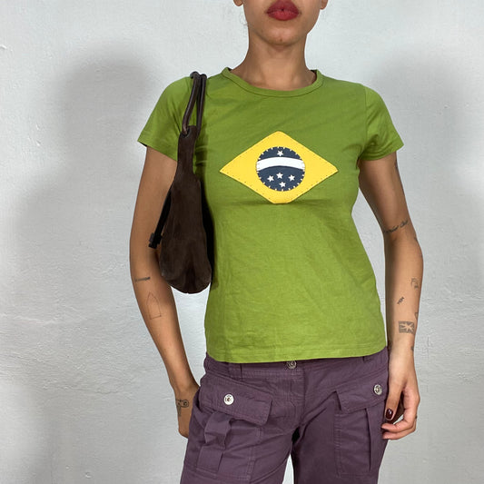 Vintage 2000's Dowtown Girl Green Top with Brazil Flag Print (M)