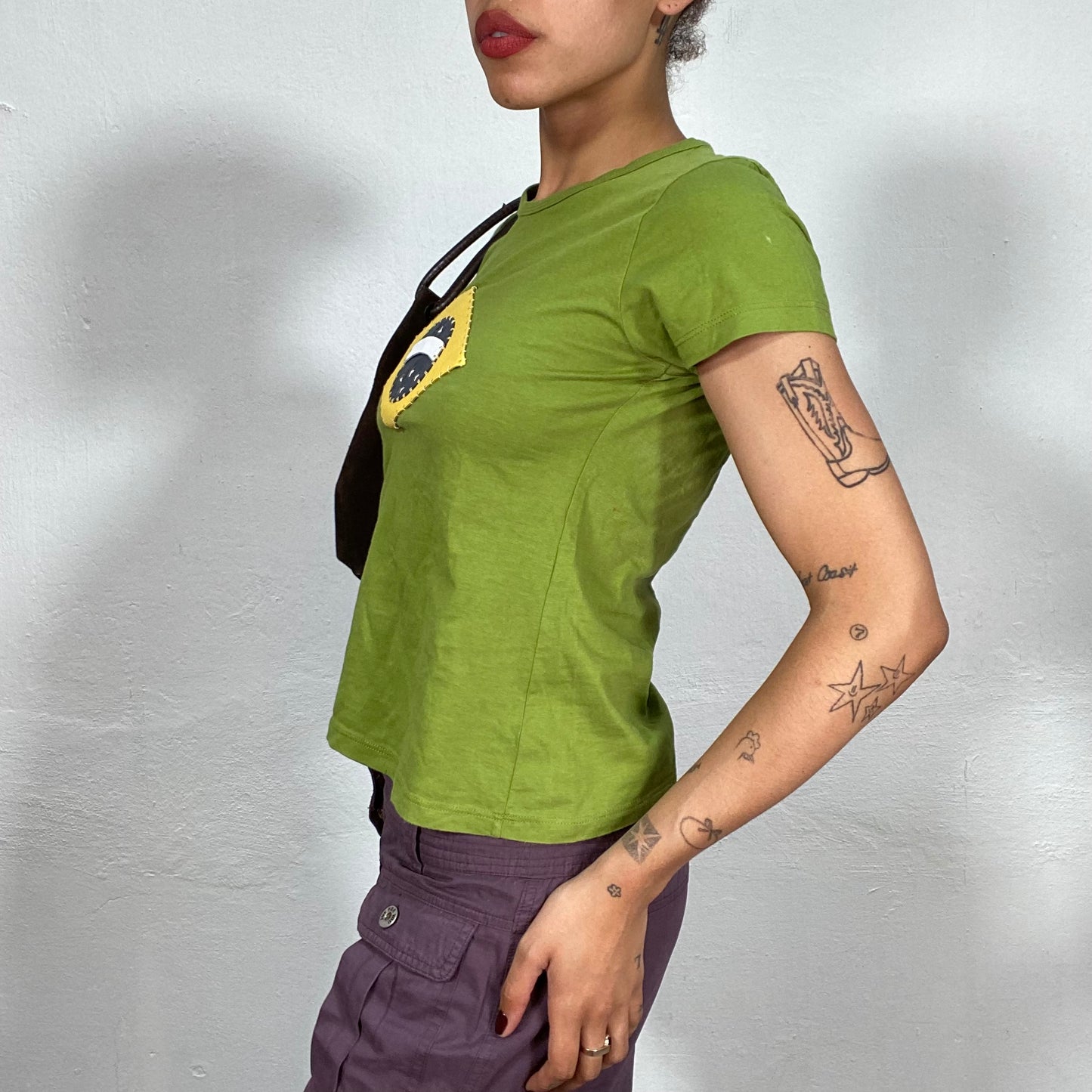 Vintage 2000's Dowtown Girl Green Top with Brazil Flag Print (M)