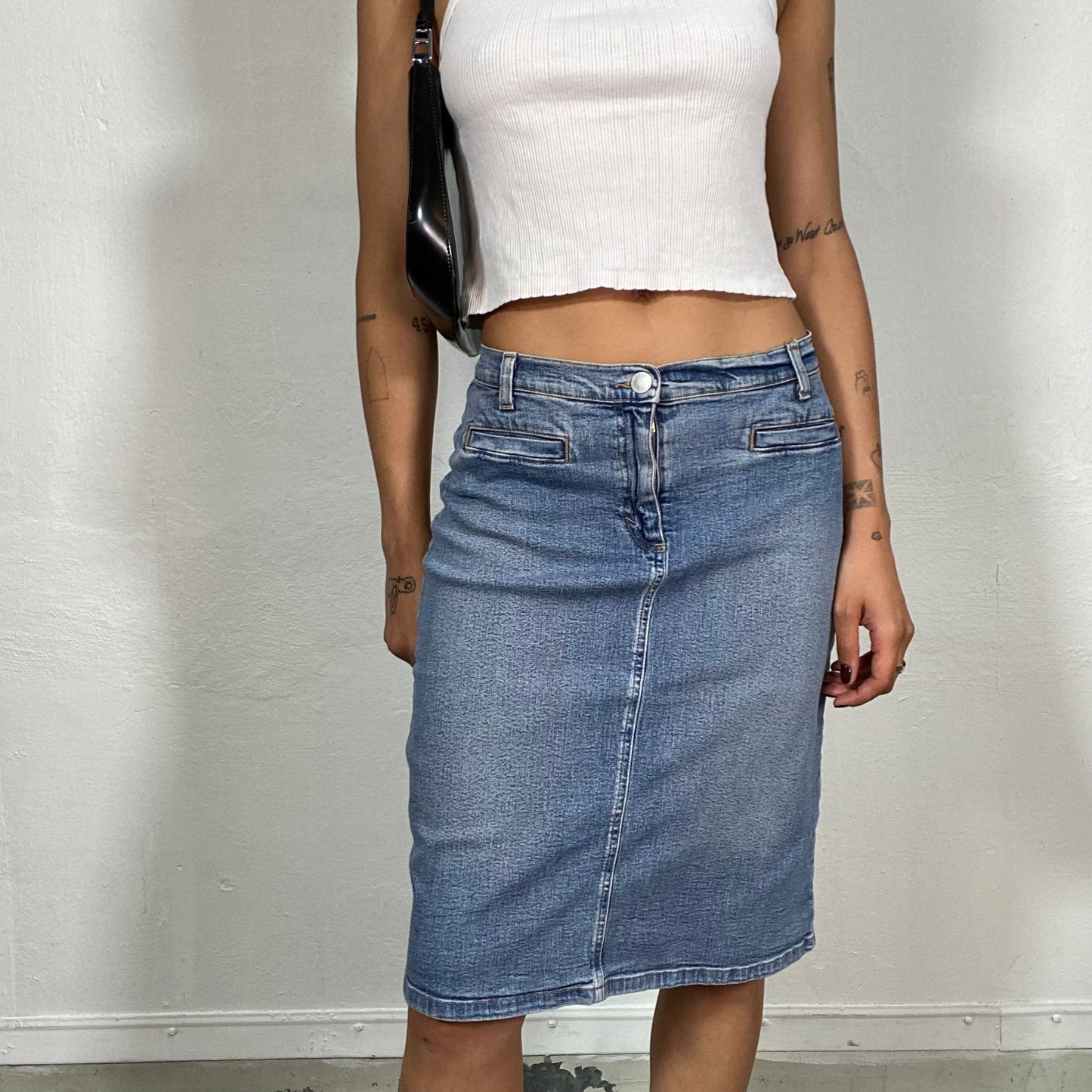 Vintage 2000's Downtown Girl Denim Midi Pencil Skirt (S)