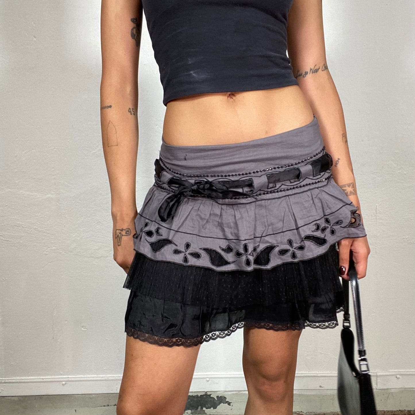 Vintage 2000's Whimsgoth Black and Grey Mini Skirt with Frills and Bow Detail (S)