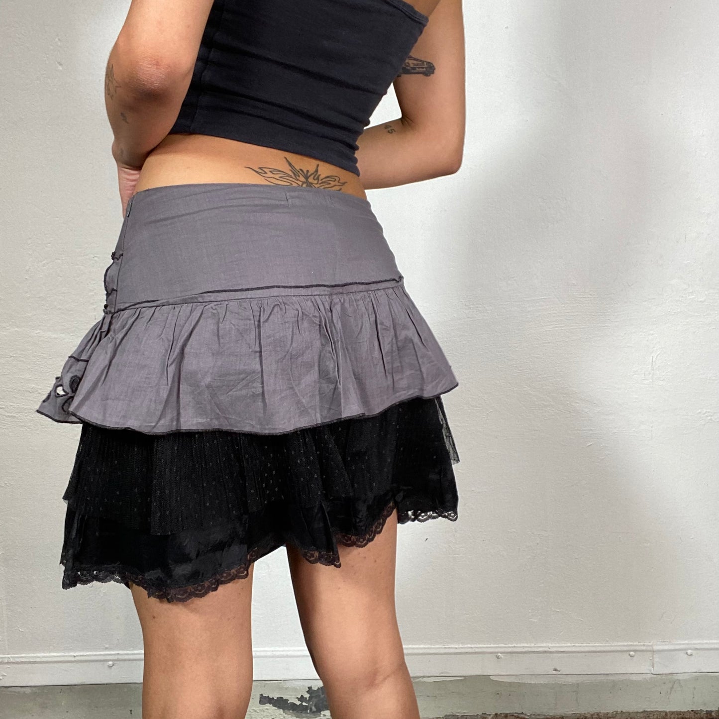 Vintage 2000's Whimsgoth Black and Grey Mini Skirt with Frills and Bow Detail (S)