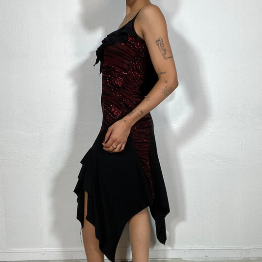 Vintage 2000's Nightclub Black and Red Dress with Draped Material and Glitter Animal Print (S)