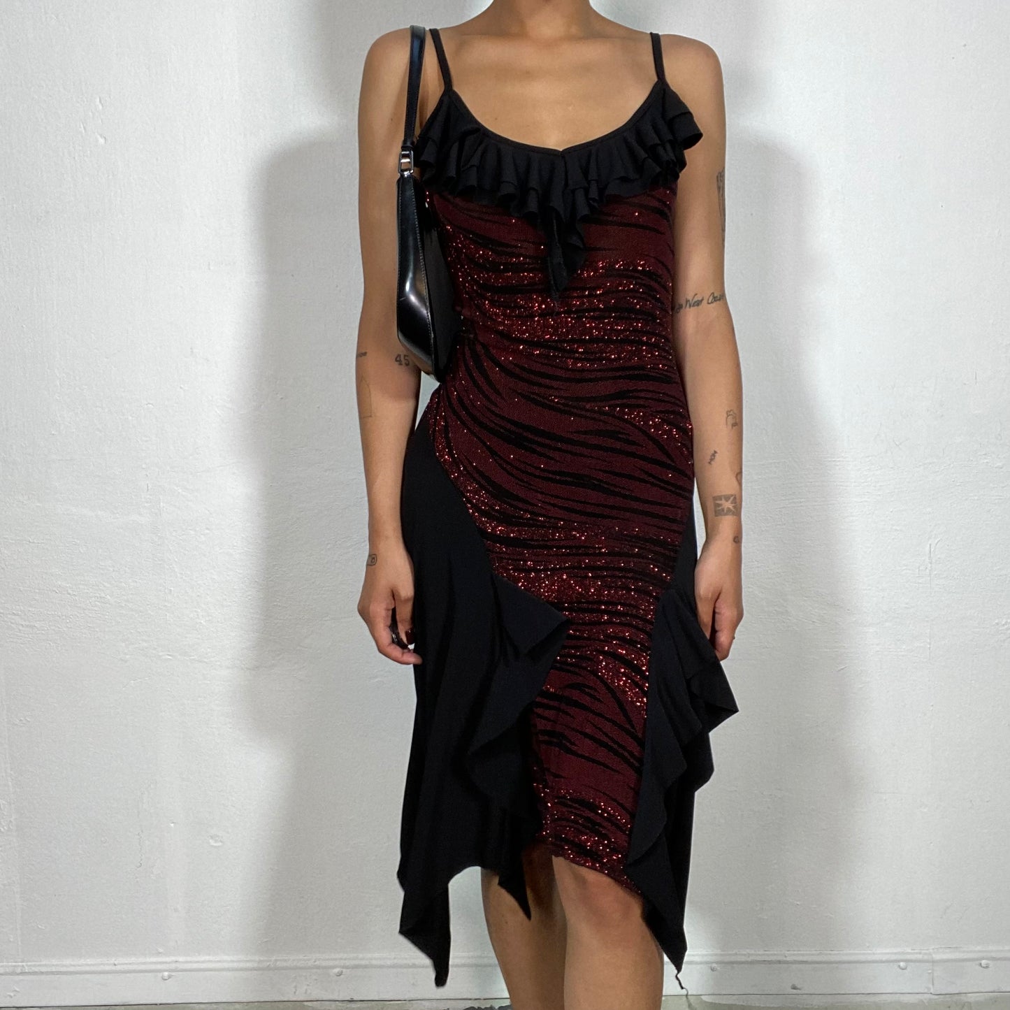 Vintage 2000's Nightclub Black and Red Dress with Draped Material and Glitter Animal Print (S)