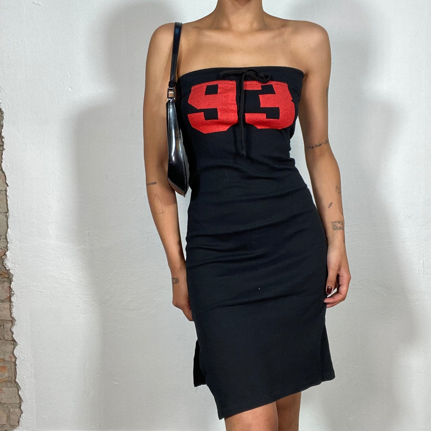 Vintage 2000's Downtown Girl Black and Red Tube Dress with "93" Print (S)